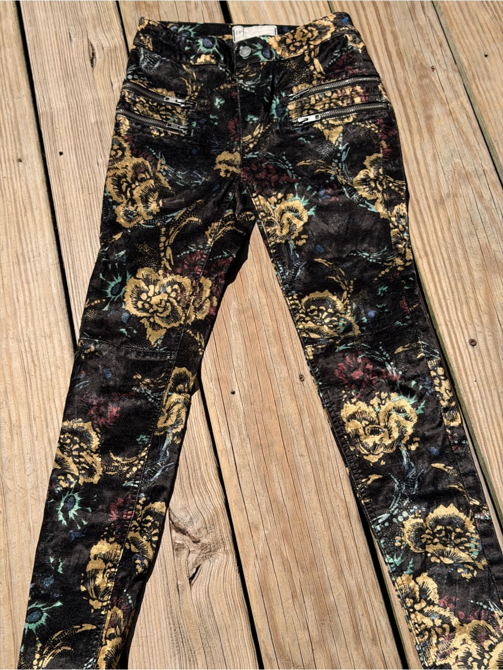 Free People Black Skinny Jeans with Gold Floral Jacquard